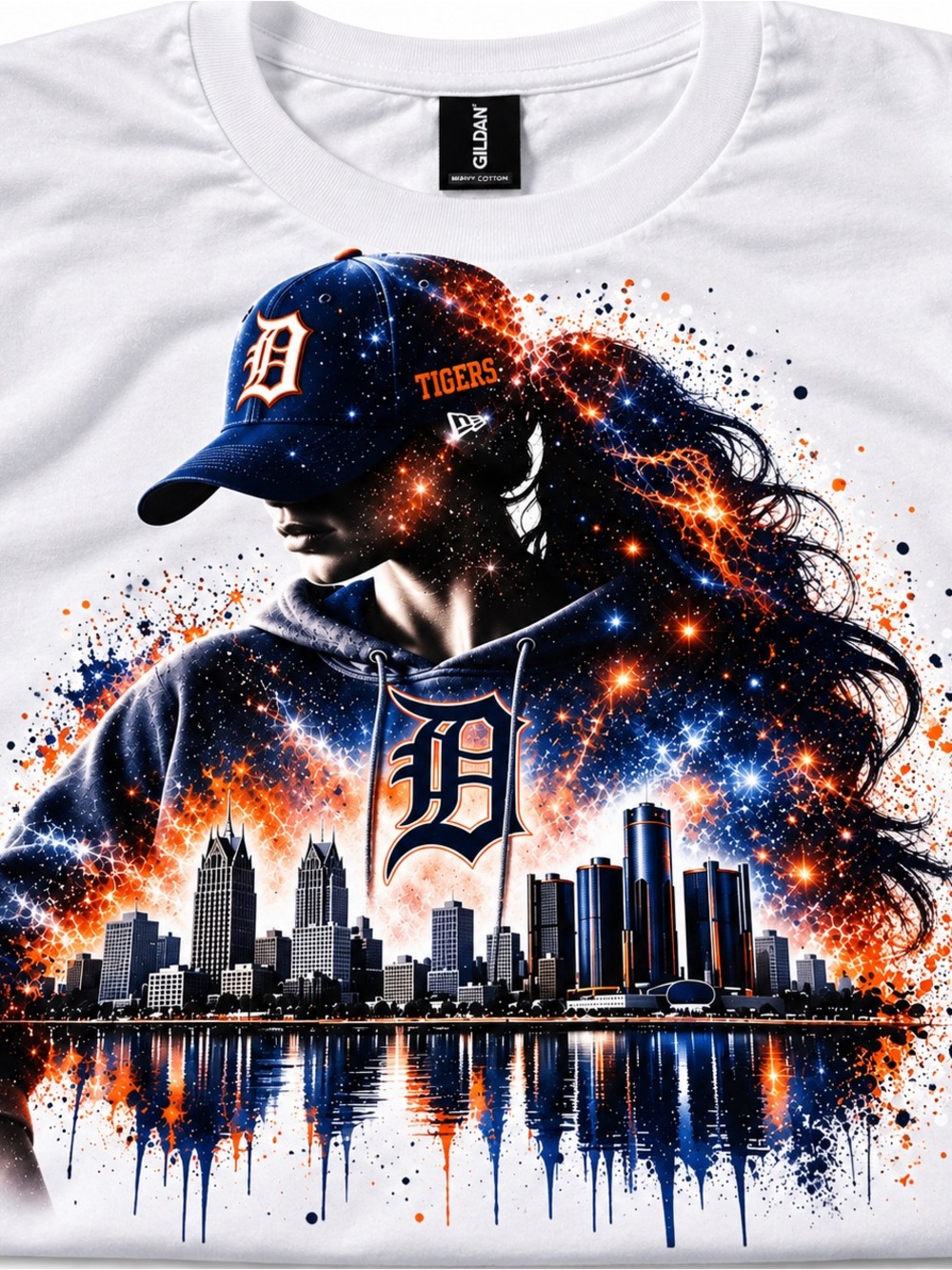 Gildan White Tee with Navy & Orange Detroit Skyline Sports Graphic
